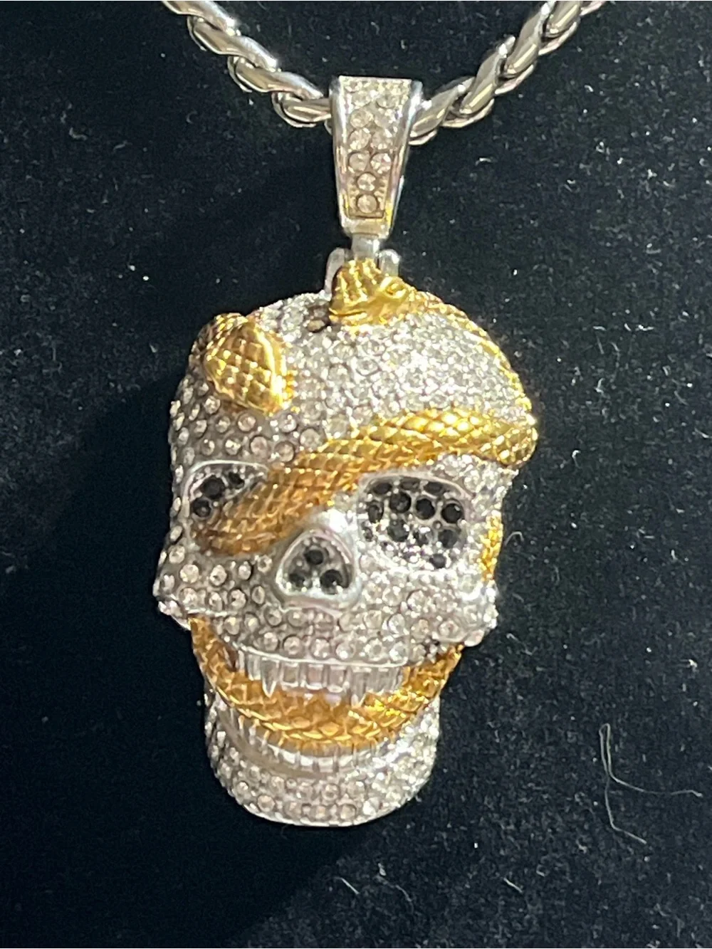 24” Stainless Steel Wheat Chain w/Iced Out Two-Tone Copper Pendant